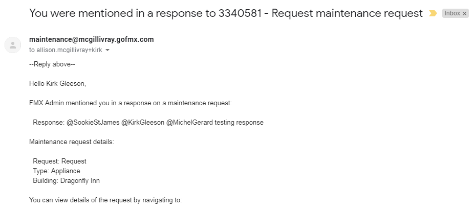 mentioned in response notification